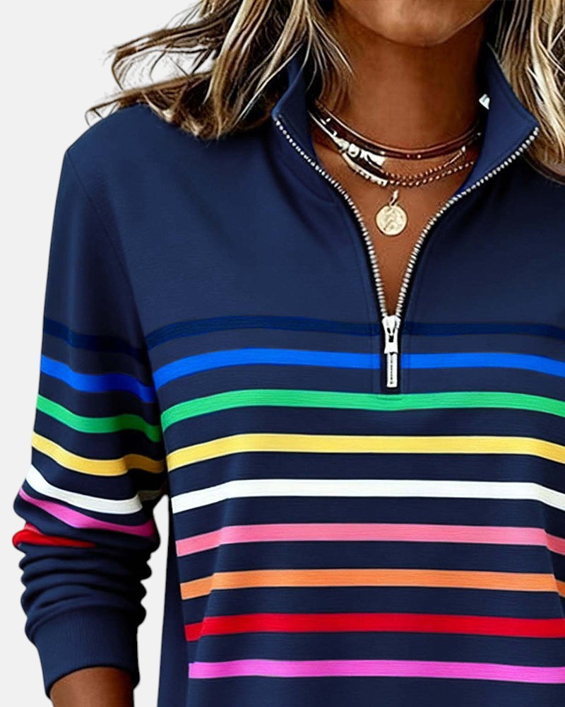 Léa - Pull Femme Casual Zippé avec Col Montant et Rayures Contrastées