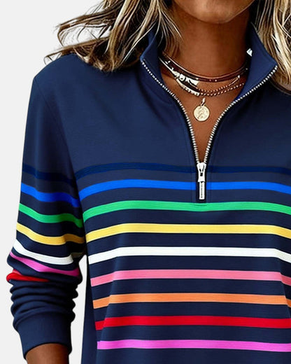 Léa - Pull Femme Casual Zippé avec Col Montant et Rayures Contrastées