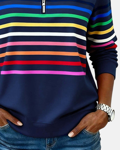 Léa - Pull Femme Casual Zippé avec Col Montant et Rayures Contrastées