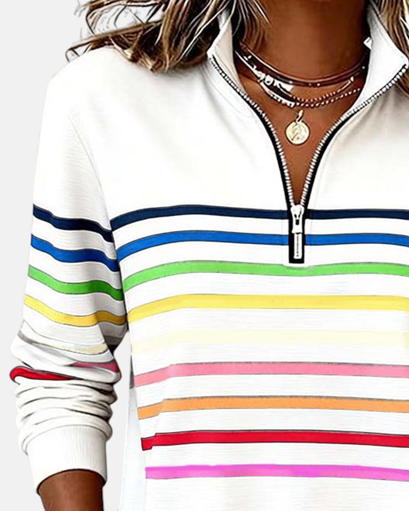 Léa - Pull Femme Casual Zippé avec Col Montant et Rayures Contrastées