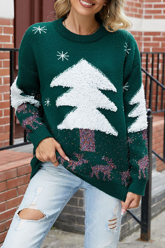 Léa - Pull de Noël femme long et ample en maille douce à motif sapin en relief
