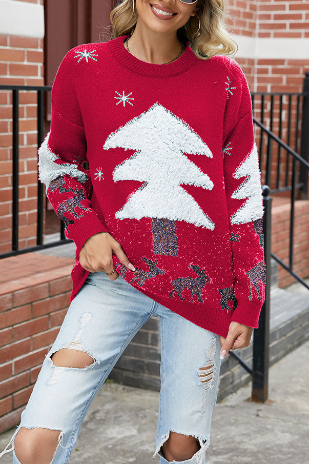 Léa - Pull de Noël femme long et ample en maille douce à motif sapin en relief