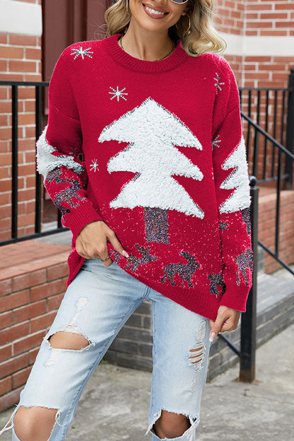 Léa - Pull de Noël femme long et ample en maille douce à motif sapin en relief