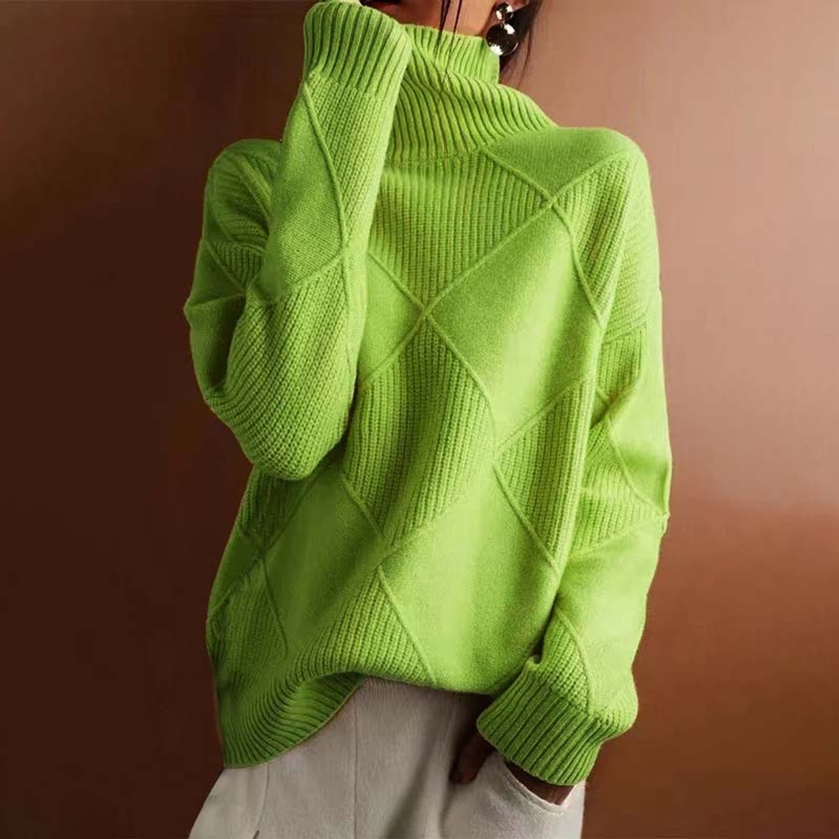 Léa - Pull femme col roulé en maille oversize et épais