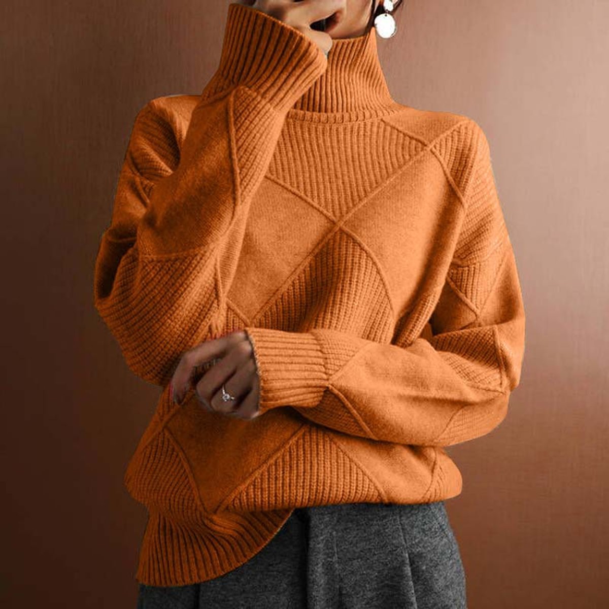 Léa - Pull femme col roulé en maille oversize et épais