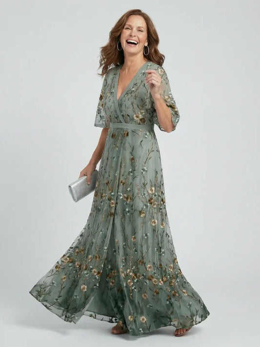 Léa - Robe Longue Élégante Femme avec Manches Papillon et Broderies Florales