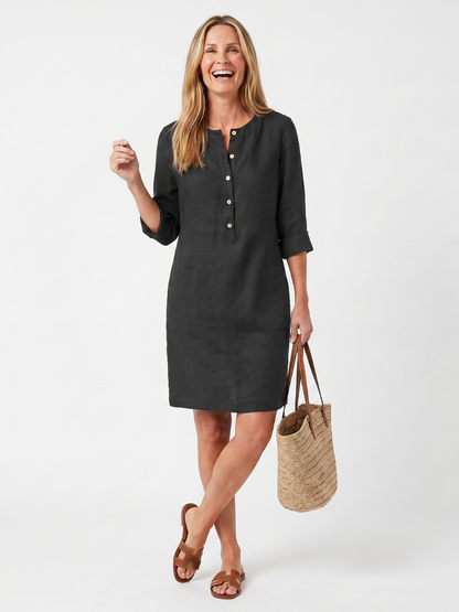 Léa - Robe Midi en Lin Femme Bohème avec Manches 3/4 et Poches Latérales