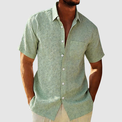 Léo - Chemise en Lin Homme Classique avec Manches Courtes et Poche Poitrine