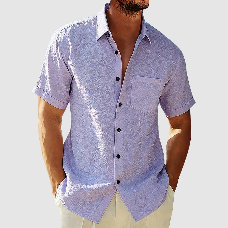 Léo - Chemise en Lin Homme Classique avec Manches Courtes et Poche Poitrine