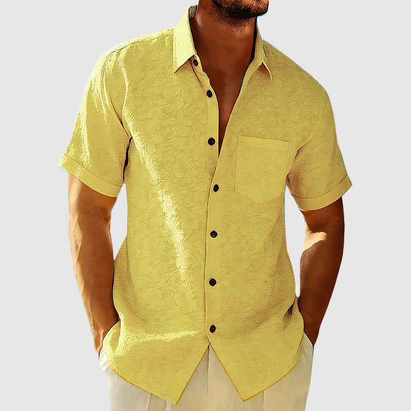 Léo - Chemise en Lin Homme Classique avec Manches Courtes et Poche Poitrine