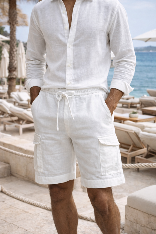 Léo - Short en Lin Homme Cargo Décontracté avec Cordon et Poches Latérales
