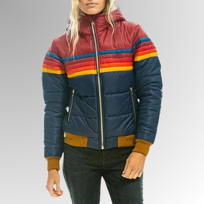 Léonie - Doudoune Femme d'Automne avec Capuche et Rayures Colorées