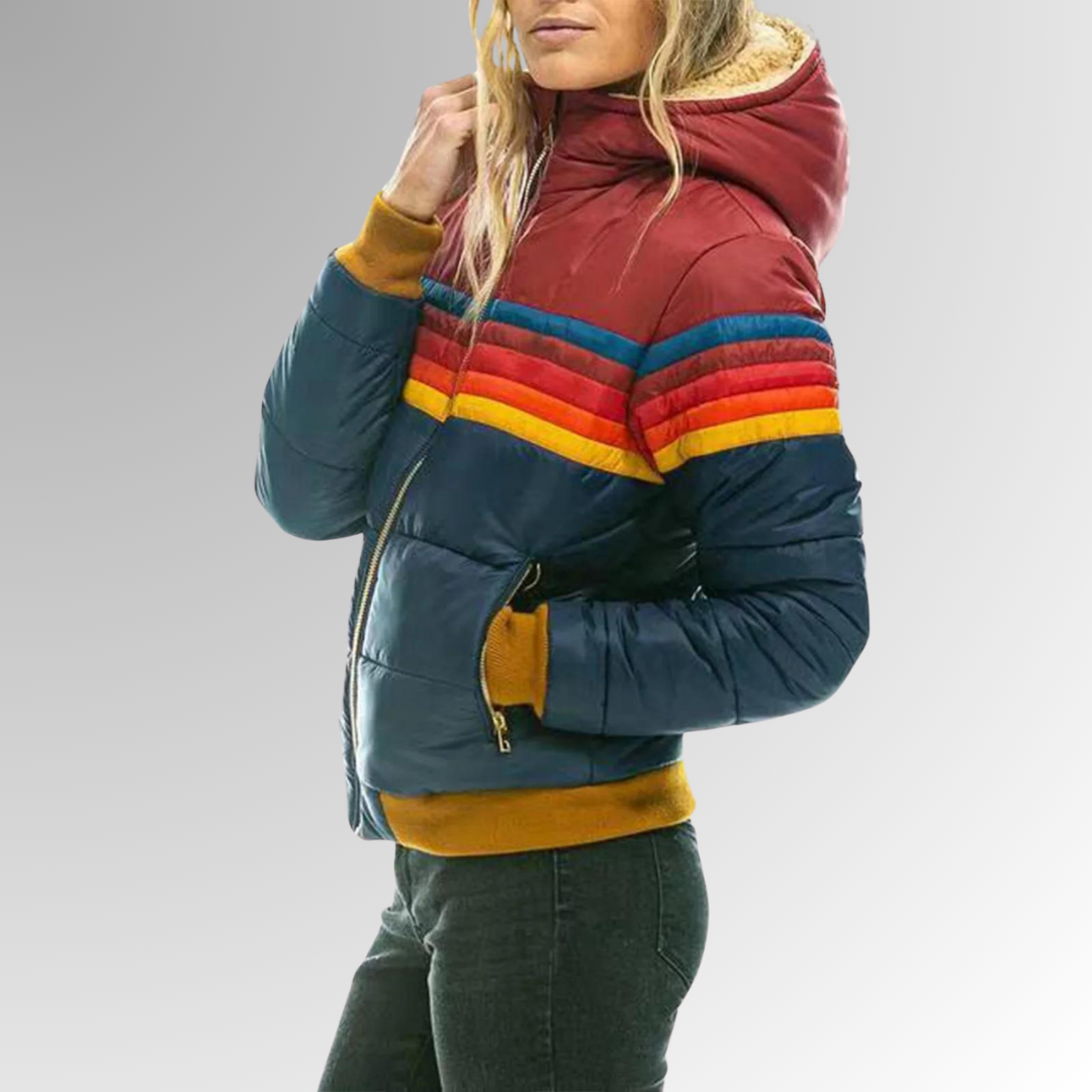 Léonie - Doudoune Femme d'Automne avec Capuche et Rayures Colorées