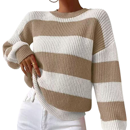 Lea - Pull femme oversize en maille rayée et chaud à col rond et manches longues