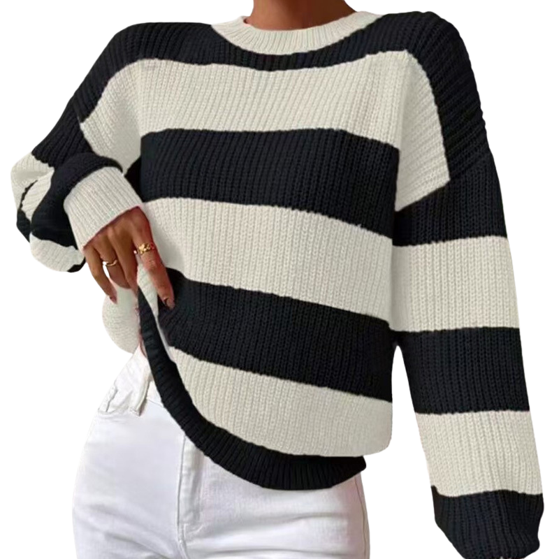 Lea - Pull femme oversize en maille rayée et chaud à col rond et manches longues