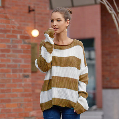 Lea - Pull femme oversize en maille rayée et chaud à col rond et manches longues