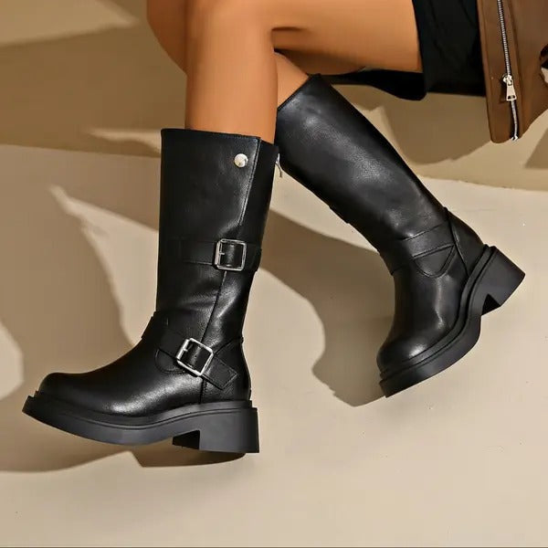 Lina - Bottes hautes femme à semelle épaisse et talon carré avec boucles