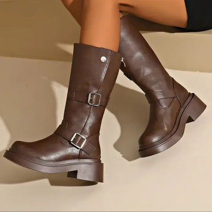 Lina - Bottes hautes femme à semelle épaisse et talon carré avec boucles