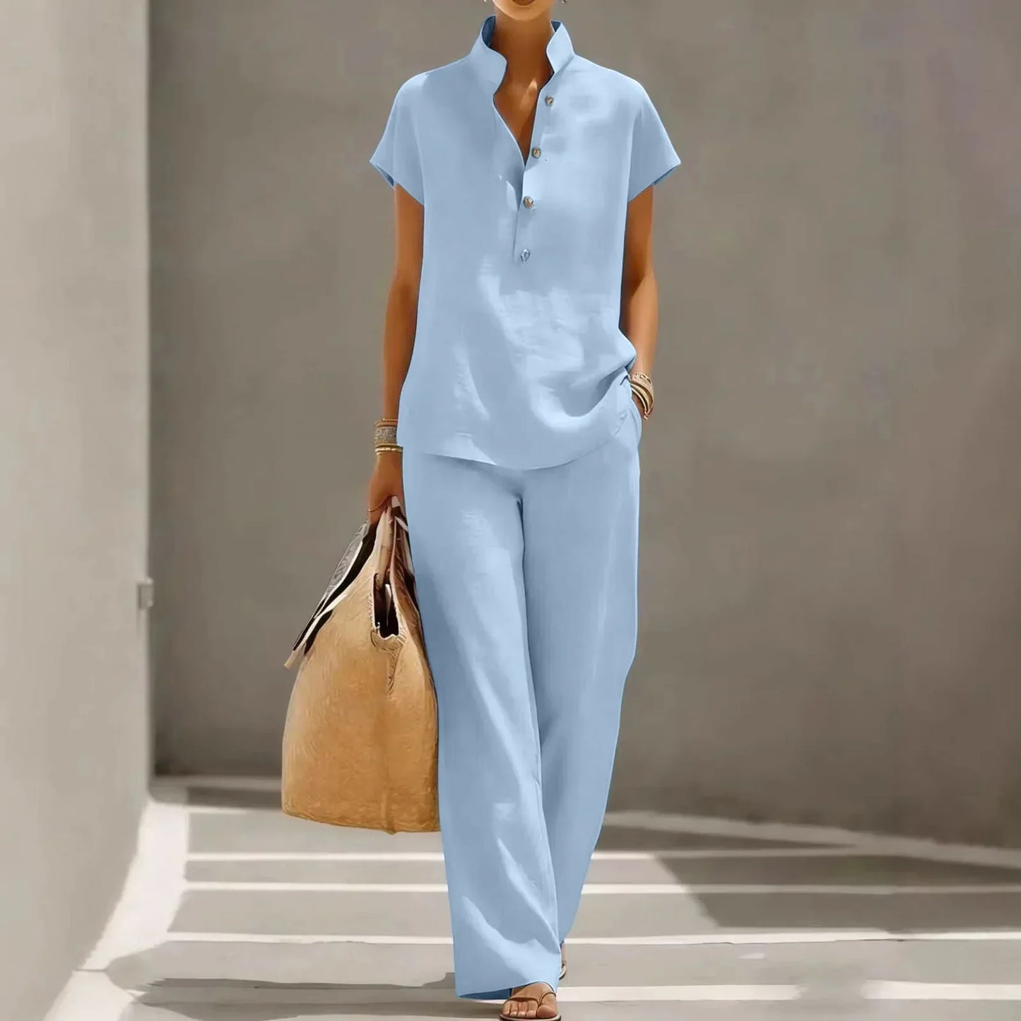 Lola - Ensemble en Lin Femme Chic avec Top Col Mao et Pantalon Fluide Assorti