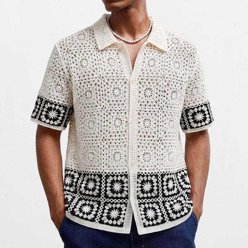 Louis - Chemise Homme Bohème Manches Courtes avec Motifs Graphiques et Col Classique
