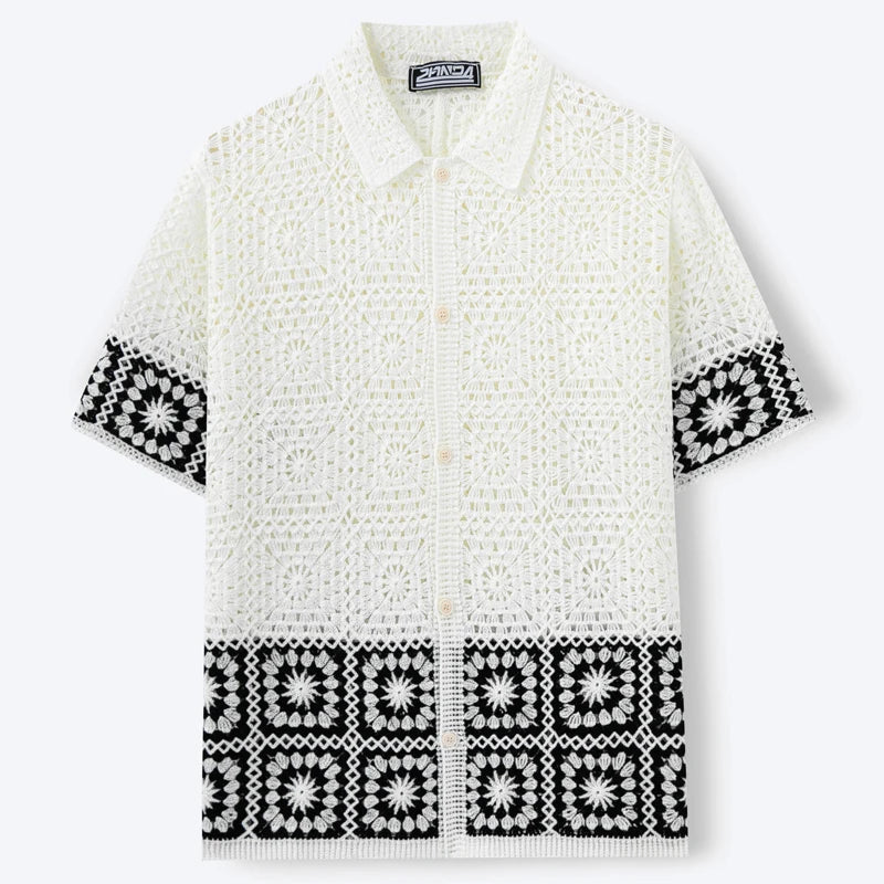 Louis - Chemise Homme Bohème Manches Courtes avec Motifs Graphiques et Col Classique