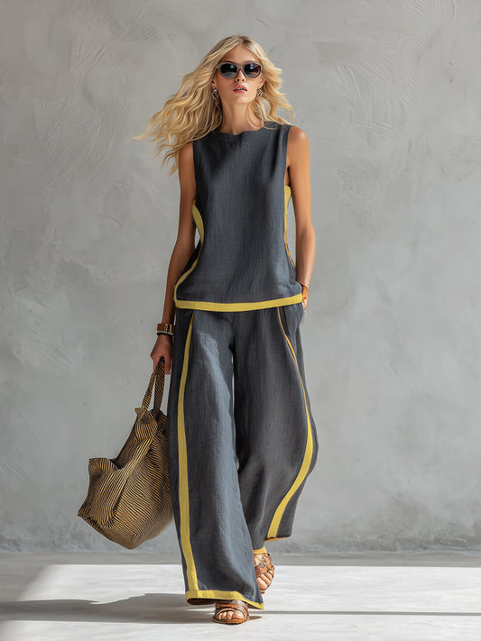 Louise - Ensemble en Lin Chic Femme avec Top Sans Manches et Pantalon Large à Bandes Contrastantes