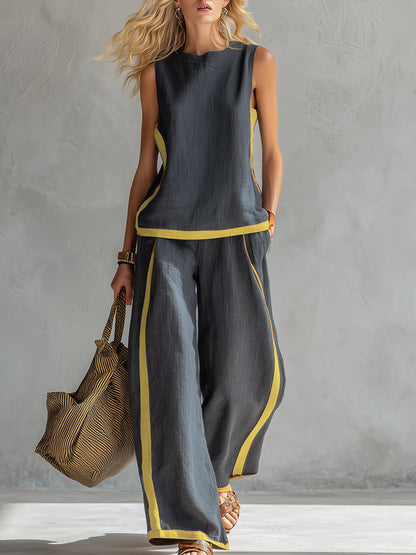 Louise - Ensemble en Lin Chic Femme avec Top Sans Manches et Pantalon Large à Bandes Contrastantes