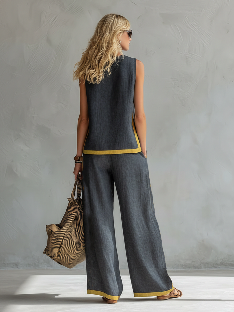 Louise - Ensemble en Lin Chic Femme avec Top Sans Manches et Pantalon Large à Bandes Contrastantes
