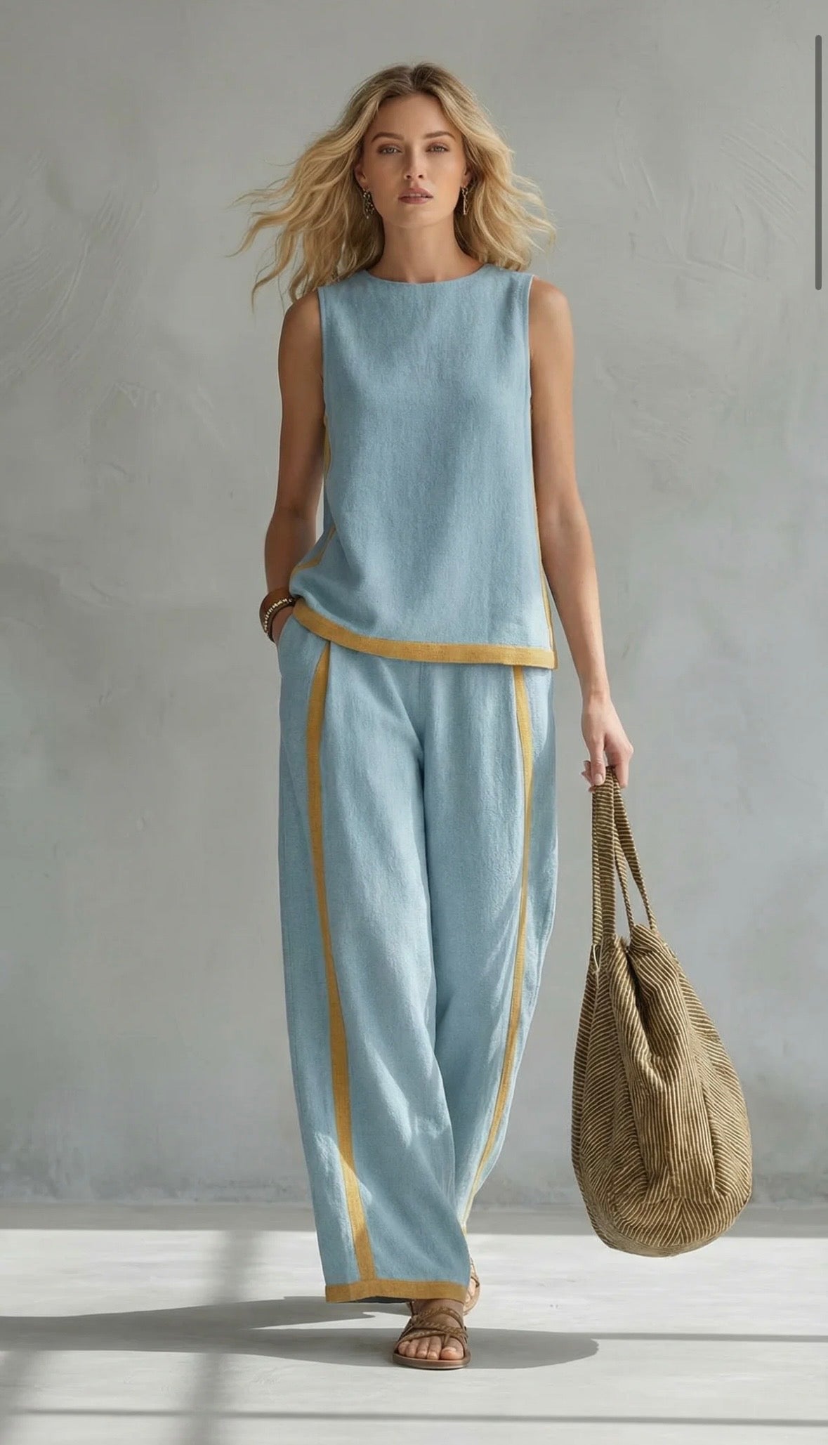 Louise - Ensemble en Lin Chic Femme avec Top Sans Manches et Pantalon Large à Bandes Contrastantes