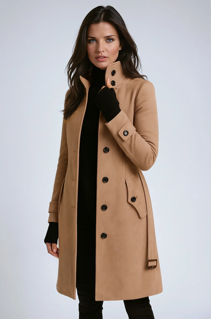 Louise - Manteau femme hiver long et chaud croisé à ceinture et col montant