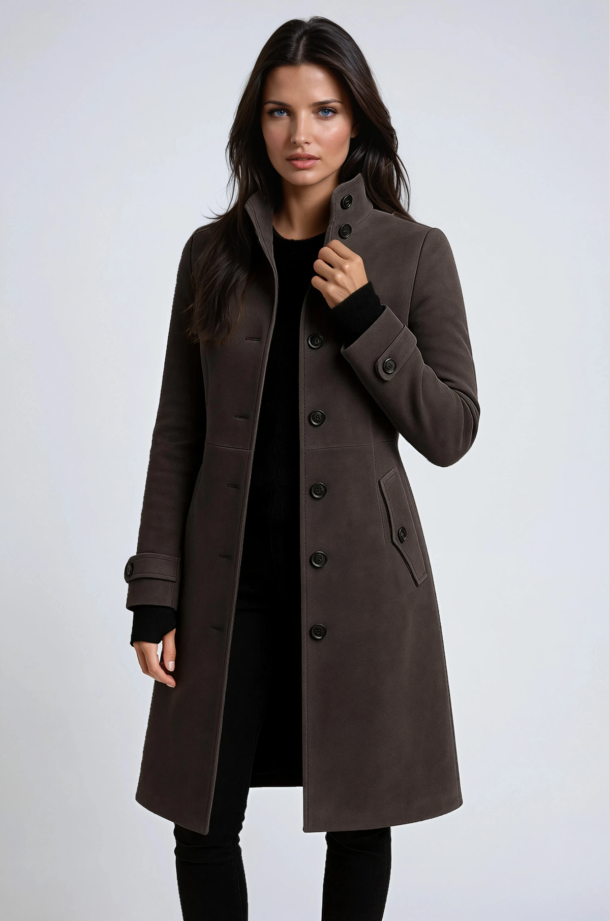 Louise - Manteau femme hiver long et chaud croisé à ceinture et col montant