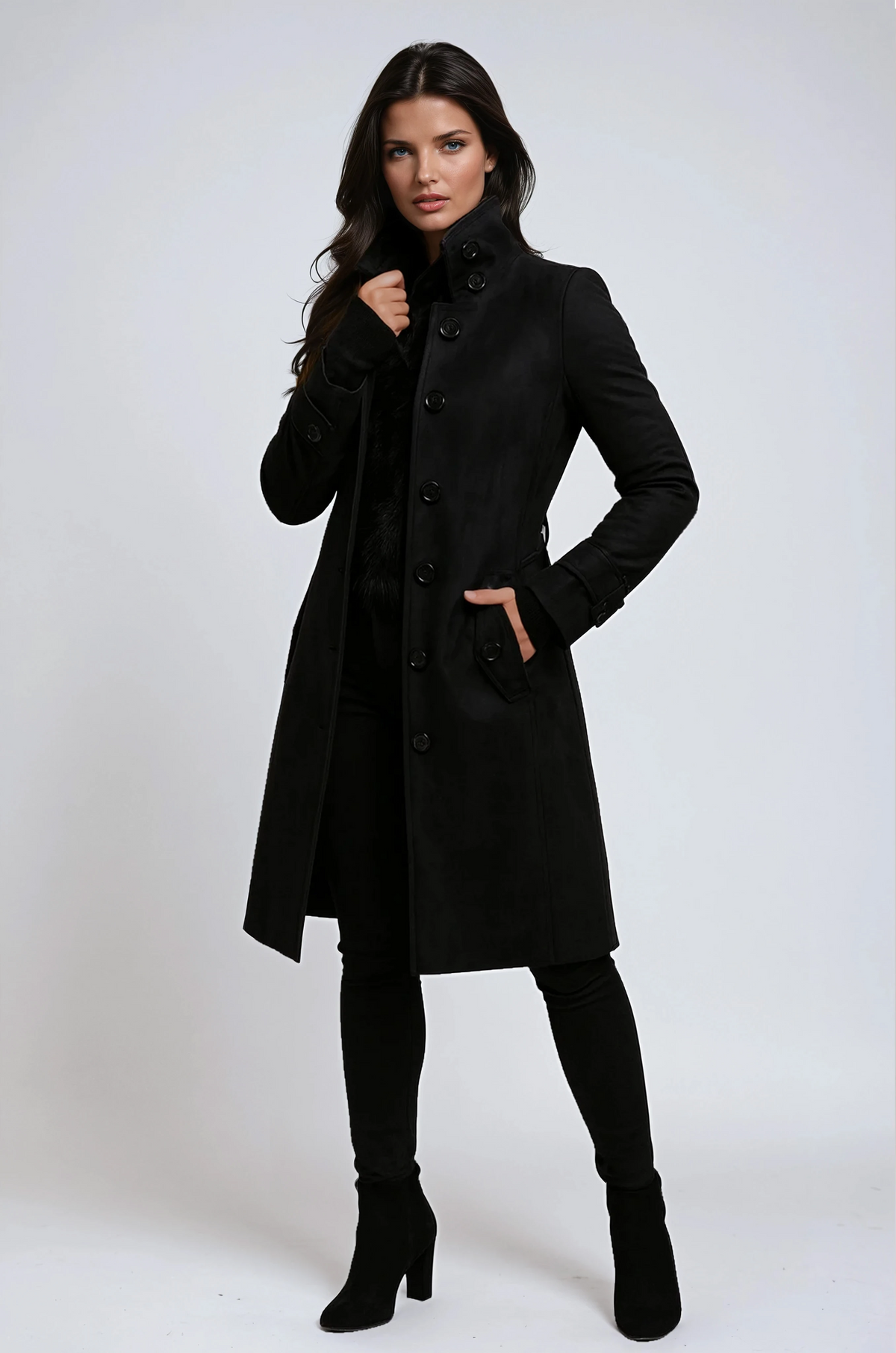 Louise - Manteau femme hiver long et chaud croisé à ceinture et col montant