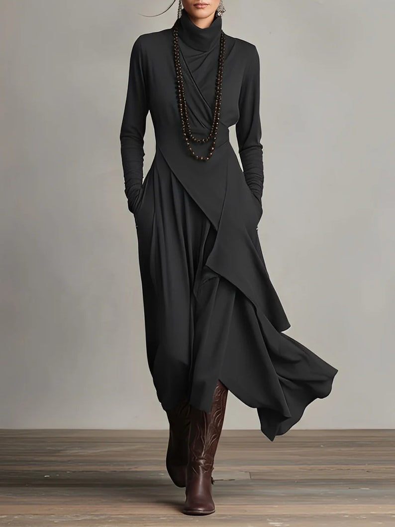 Inès - Robe longue femme fluide et drapée à manches longues