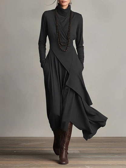 Inès - Robe longue femme fluide et drapée à manches longues