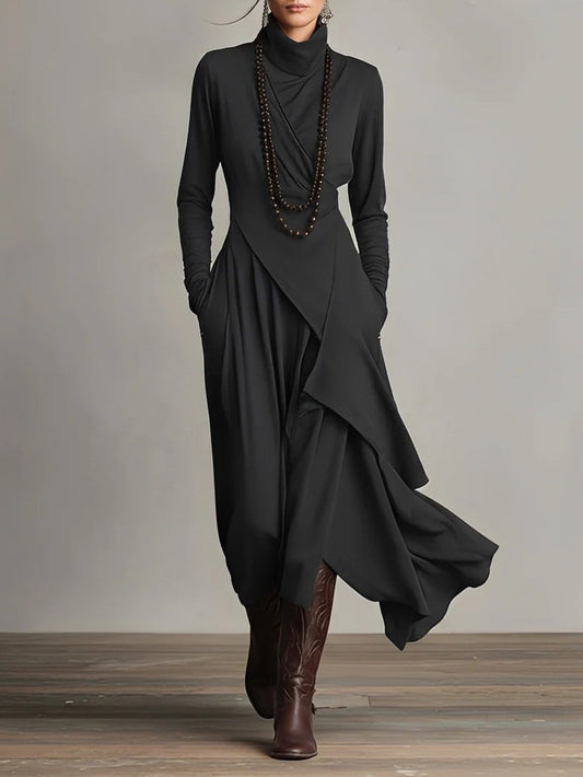 Inès - Robe longue femme fluide et drapée à manches longues
