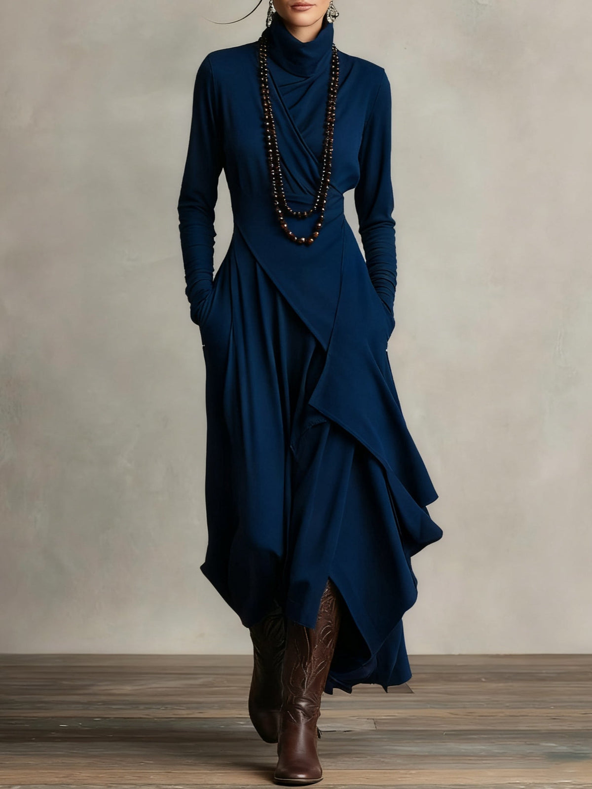 Inès - Robe longue femme fluide et drapée à manches longues