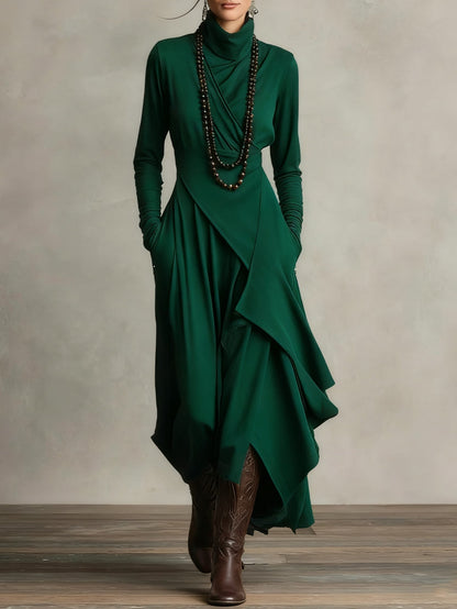 Inès - Robe longue femme fluide et drapée à manches longues