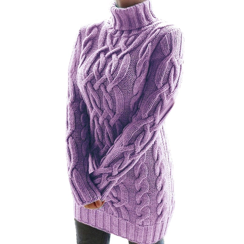 Louise - Robe pull femme col roulé courte en maille avec manches longues