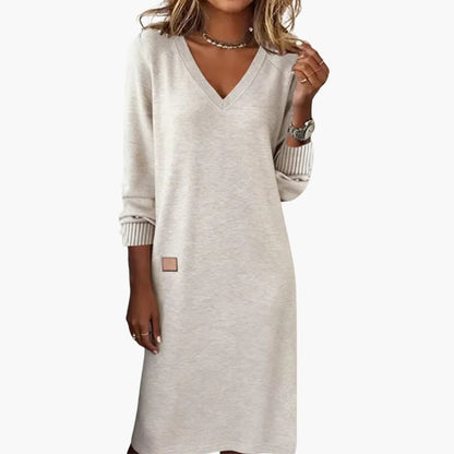 Louise - Robe pull femme midi droite et chic à manches longues col V