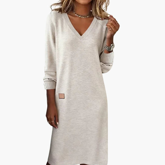 Louise - Robe pull femme midi droite et chic à manches longues col V
