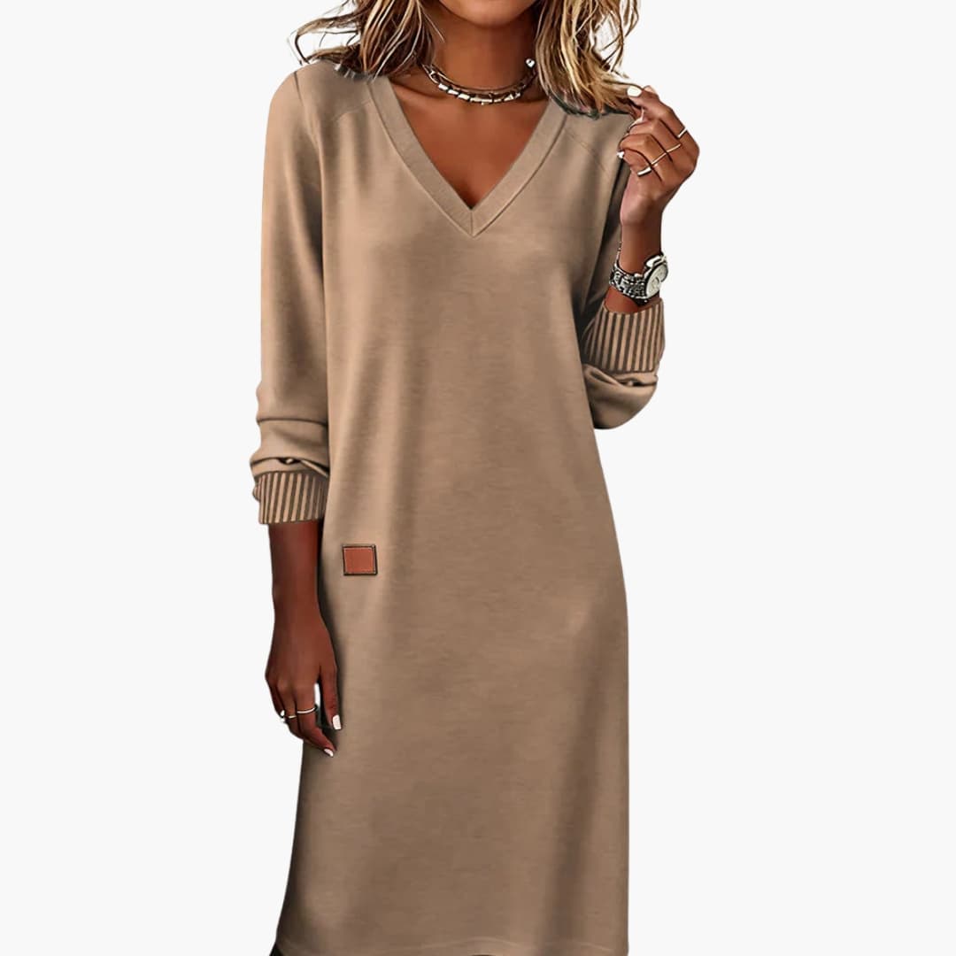 Louise - Robe pull femme midi droite et chic à manches longues col V