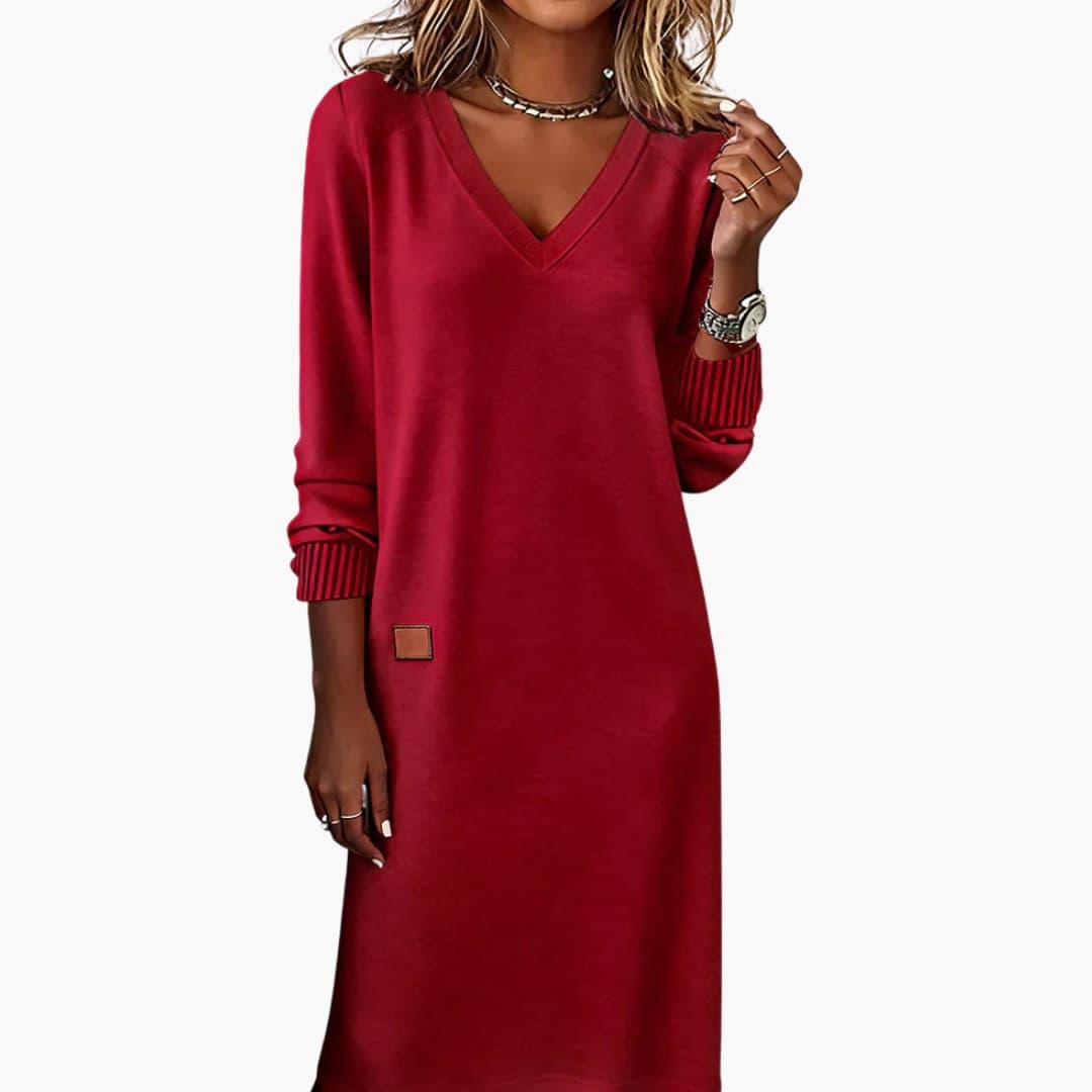 Louise - Robe pull femme midi droite et chic à manches longues col V