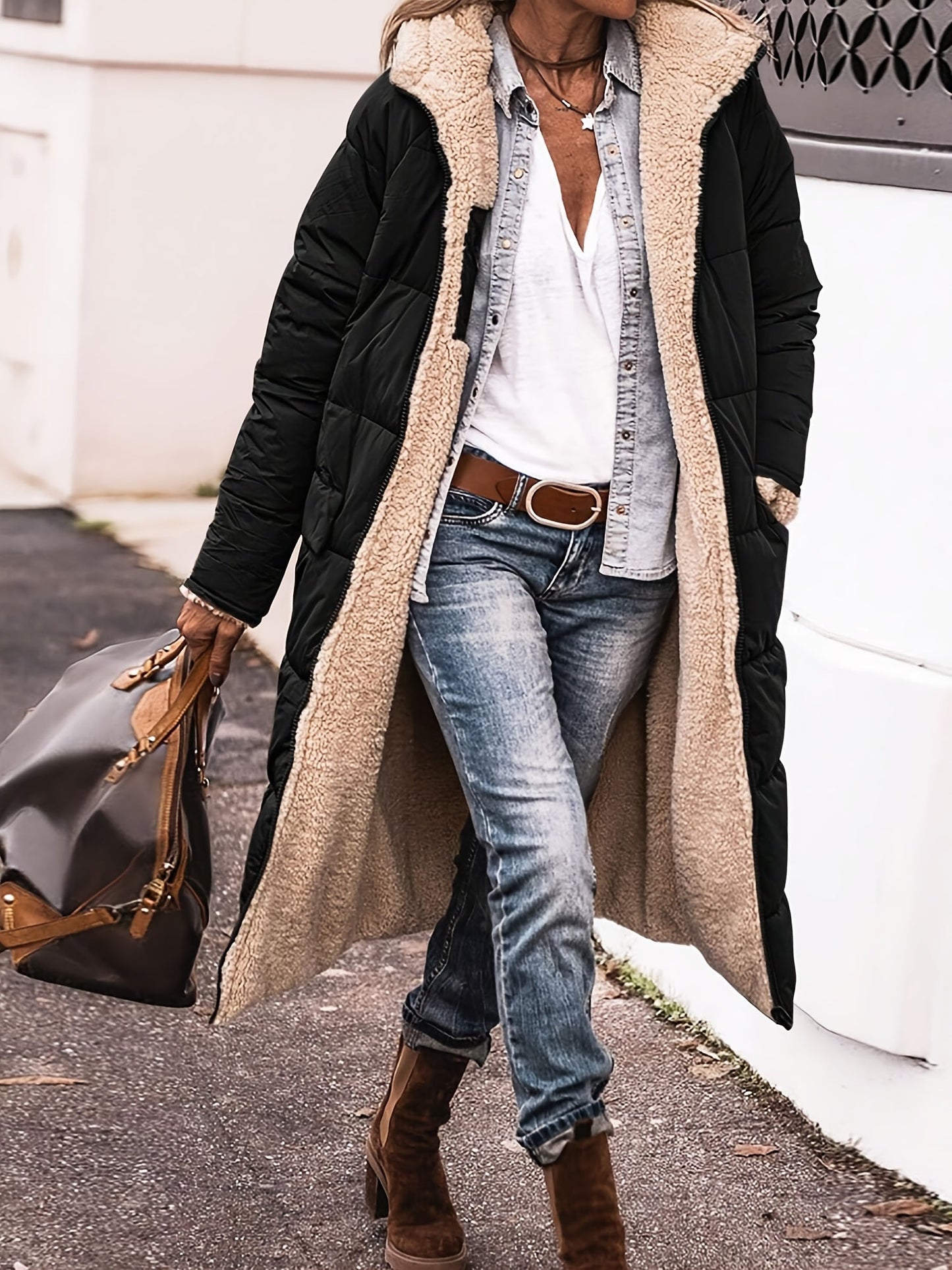 Louise - Veste Femme Longue pour l'Hiver avec Capuche et Doublure Polaire