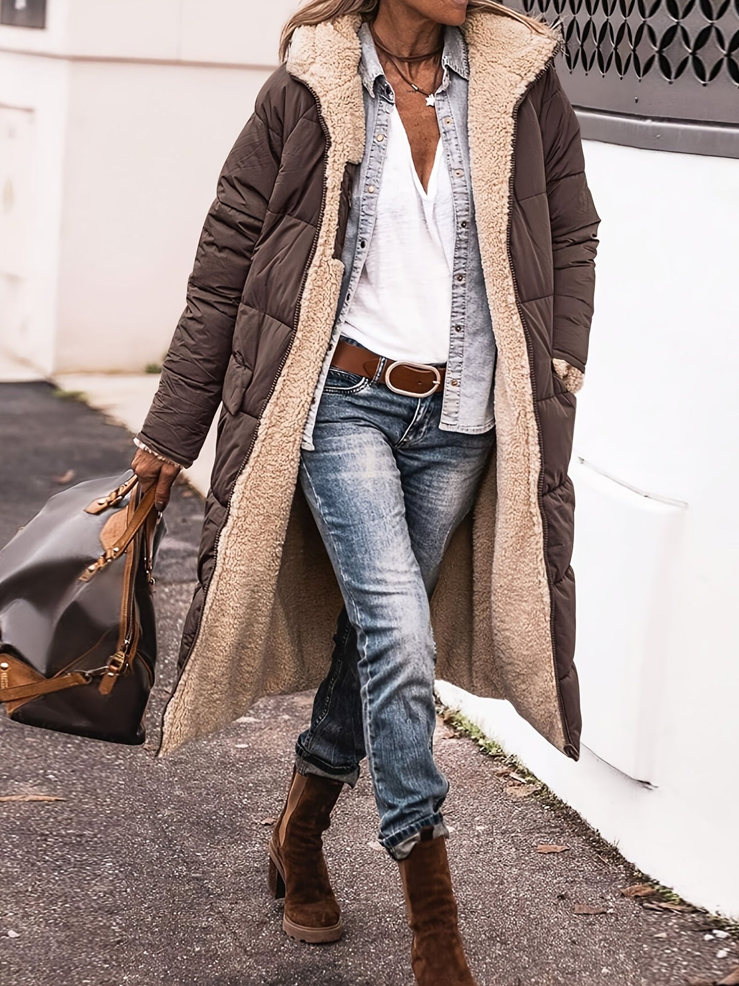 Louise - Veste Femme Longue pour l'Hiver avec Capuche et Doublure Polaire