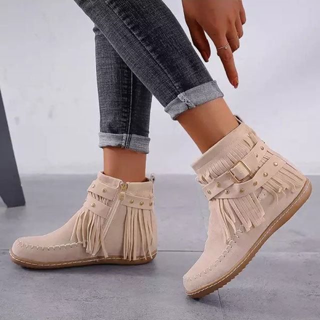 Manon - Bottines Femme Orthopédiques Style Western pour l'Automne avec Franges
