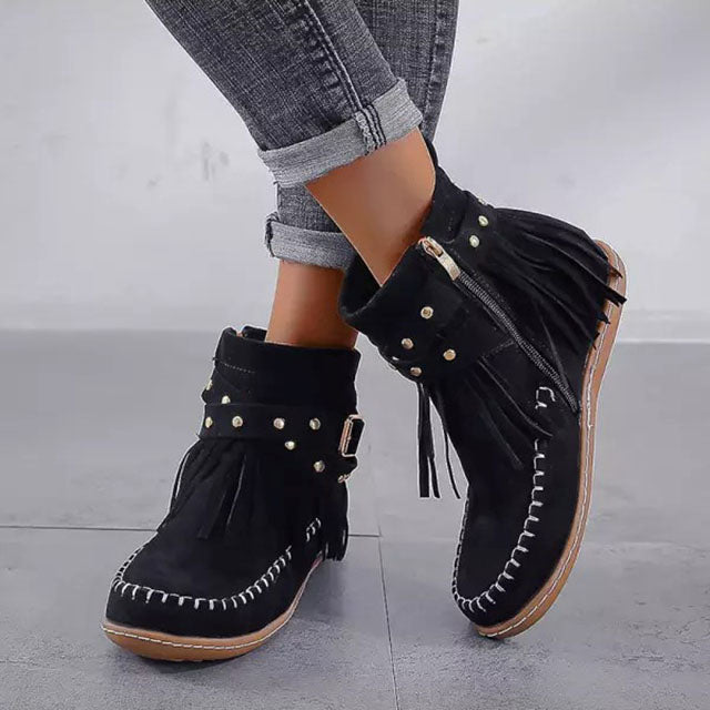 Manon - Bottines Femme Orthopédiques Style Western pour l'Automne avec Franges