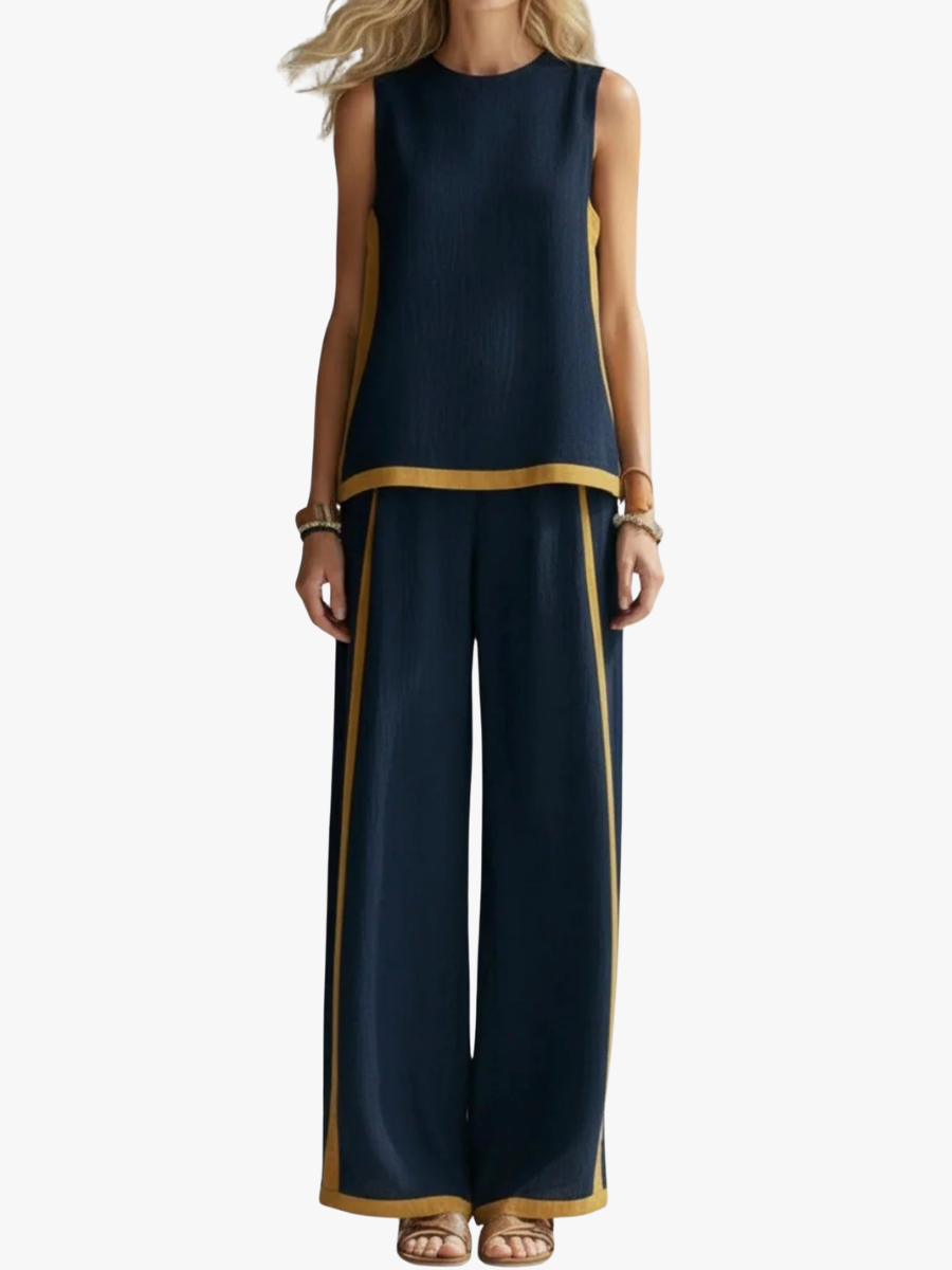 Manon - Ensemble en Lin Femme Tendance avec Liserés Contrastants et Pantalon Large