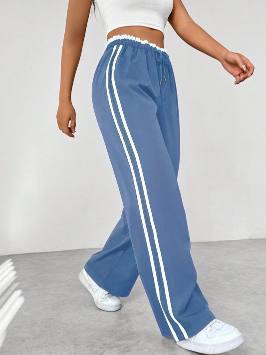 Manon - Pantalon Femme Large à Jambe Fluide avec Bandes Latérales