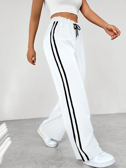 Manon - Pantalon Femme Large à Jambe Fluide avec Bandes Latérales