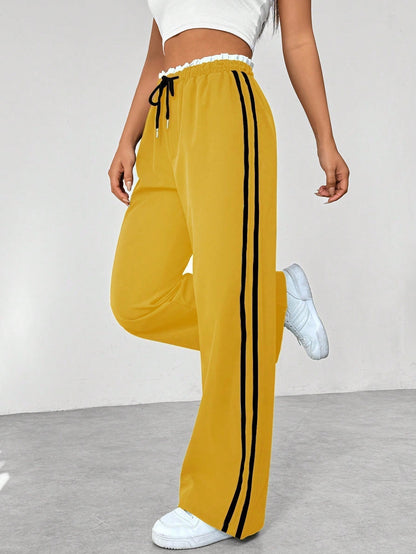Manon - Pantalon Femme Large à Jambe Fluide avec Bandes Latérales